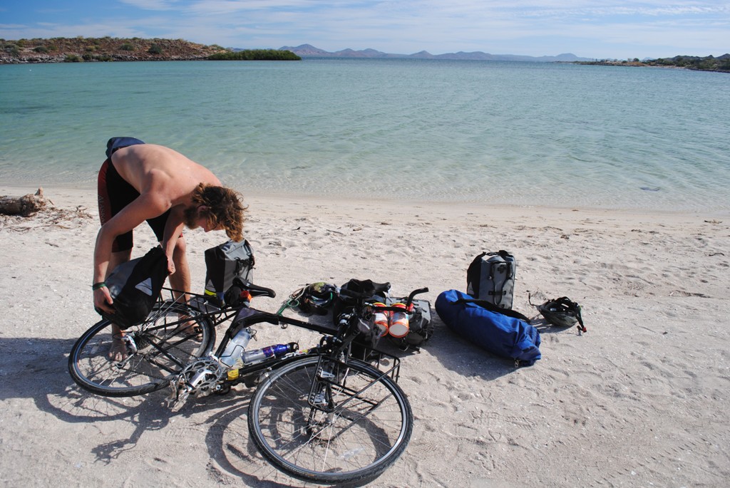 Packing up the bike after two nights of greatness on our personal island/peninsula (depending on the tide).
